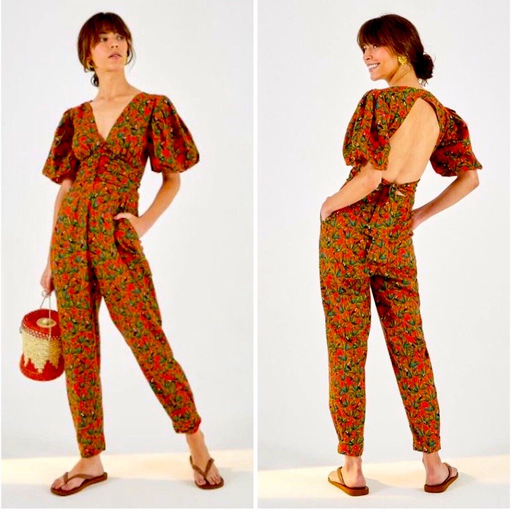 FARM Rio Tucano Paradise Open Back Puff Sleeve Jumpsuit Size XS